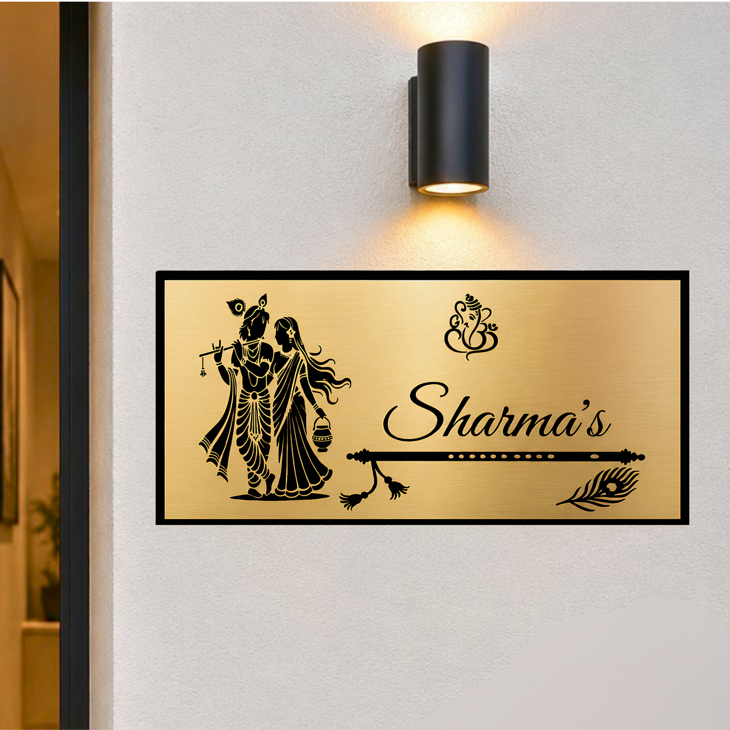Personalised Radha Krishna House Name Plate | Premium Gold Engraved Family Name Sign | Custom Hindu Home Entrance Plaque