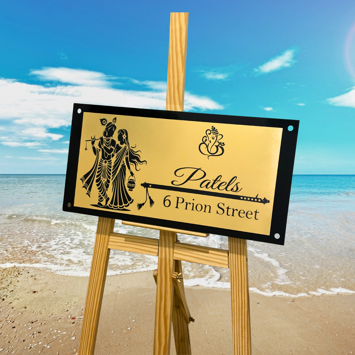 Radha Krishna House Name Sign Premium Engraved In Black Gold Plate