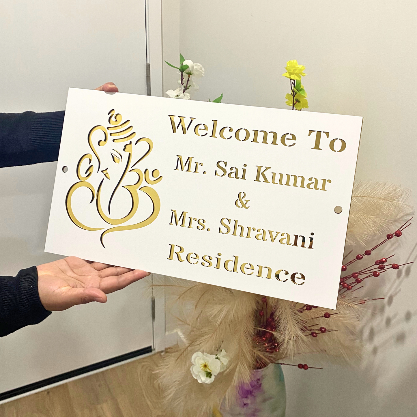 Gold White Welcome Ganesha House Name Sign
