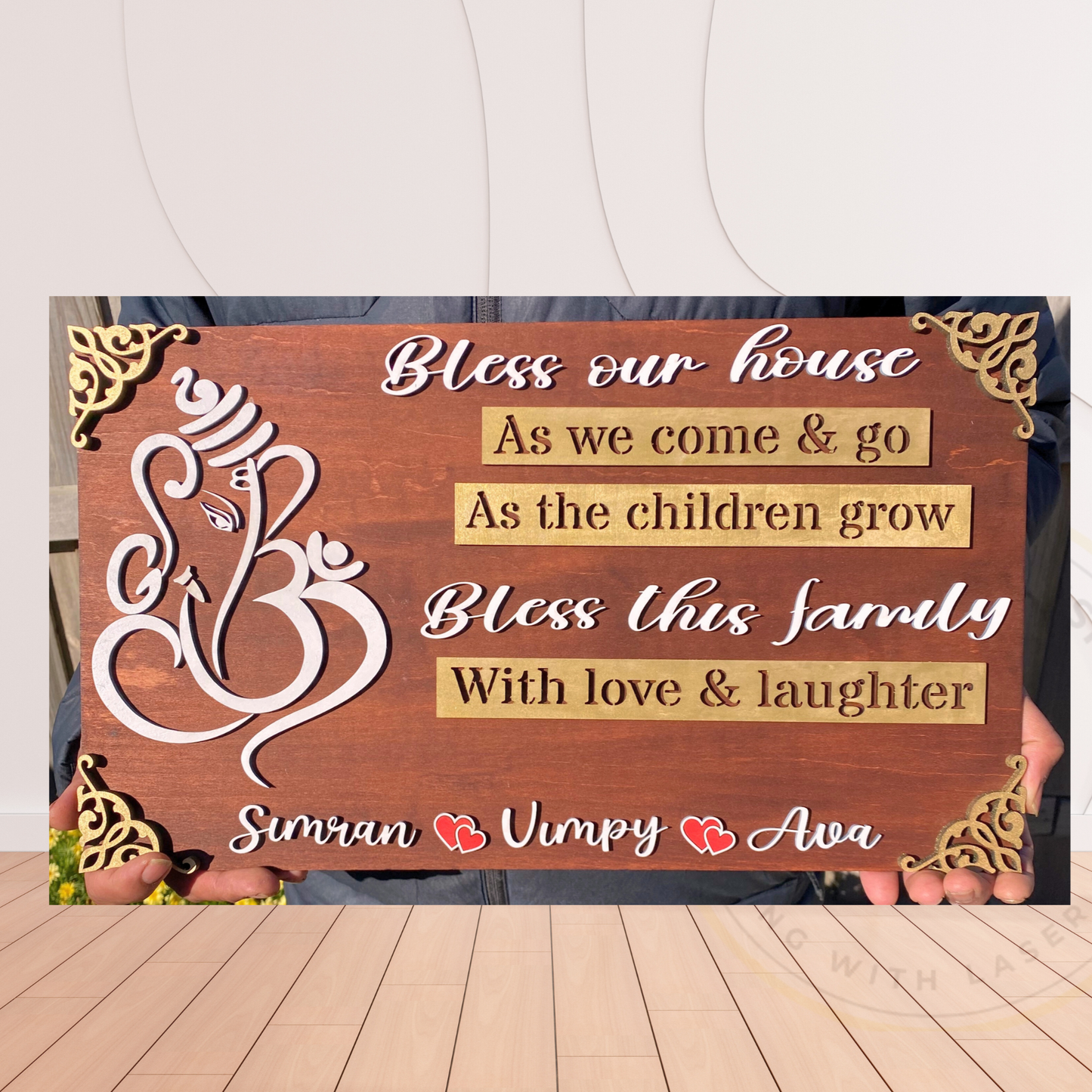 Personalized Ganesha Custom Sign Wooden House name plate Wall Hanging Housewarming Gift