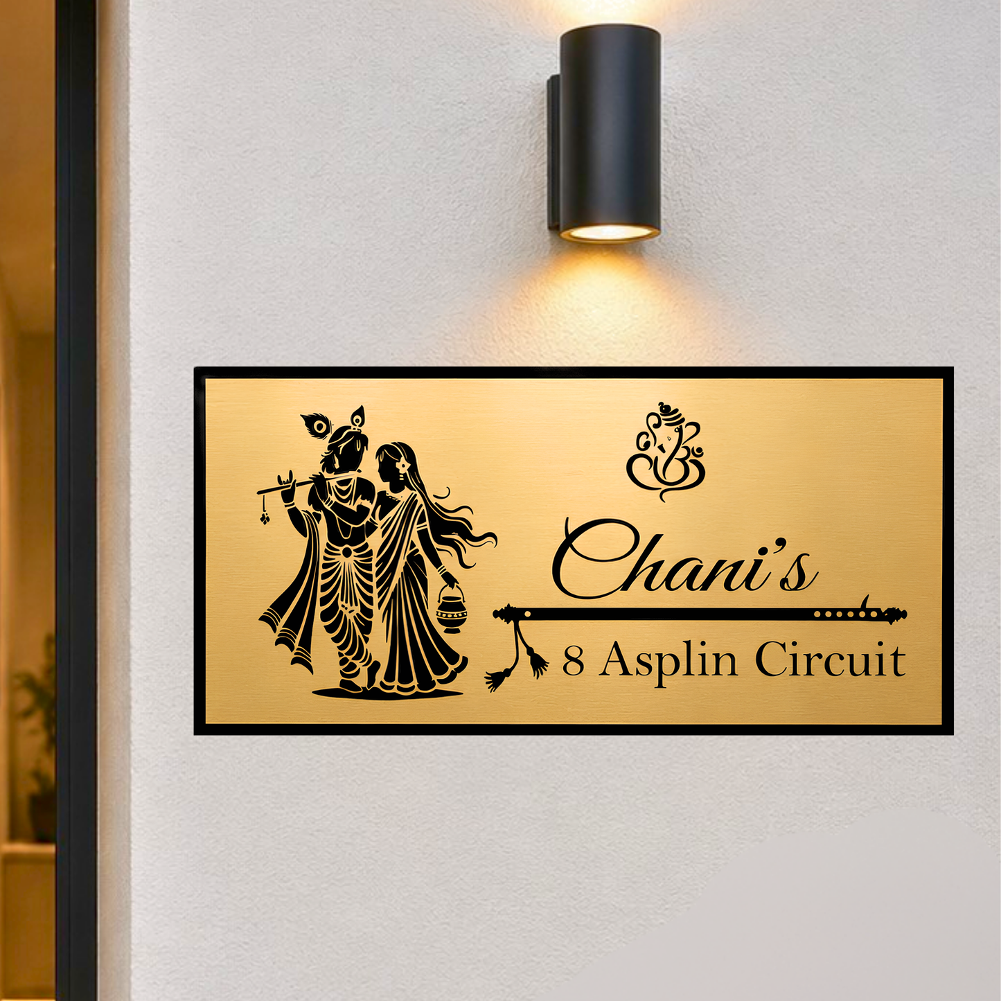 Personalised Radha Krishna House Name Plate | Premium Gold Engraved Family Name Sign | Custom Hindu Home Entrance Plaque