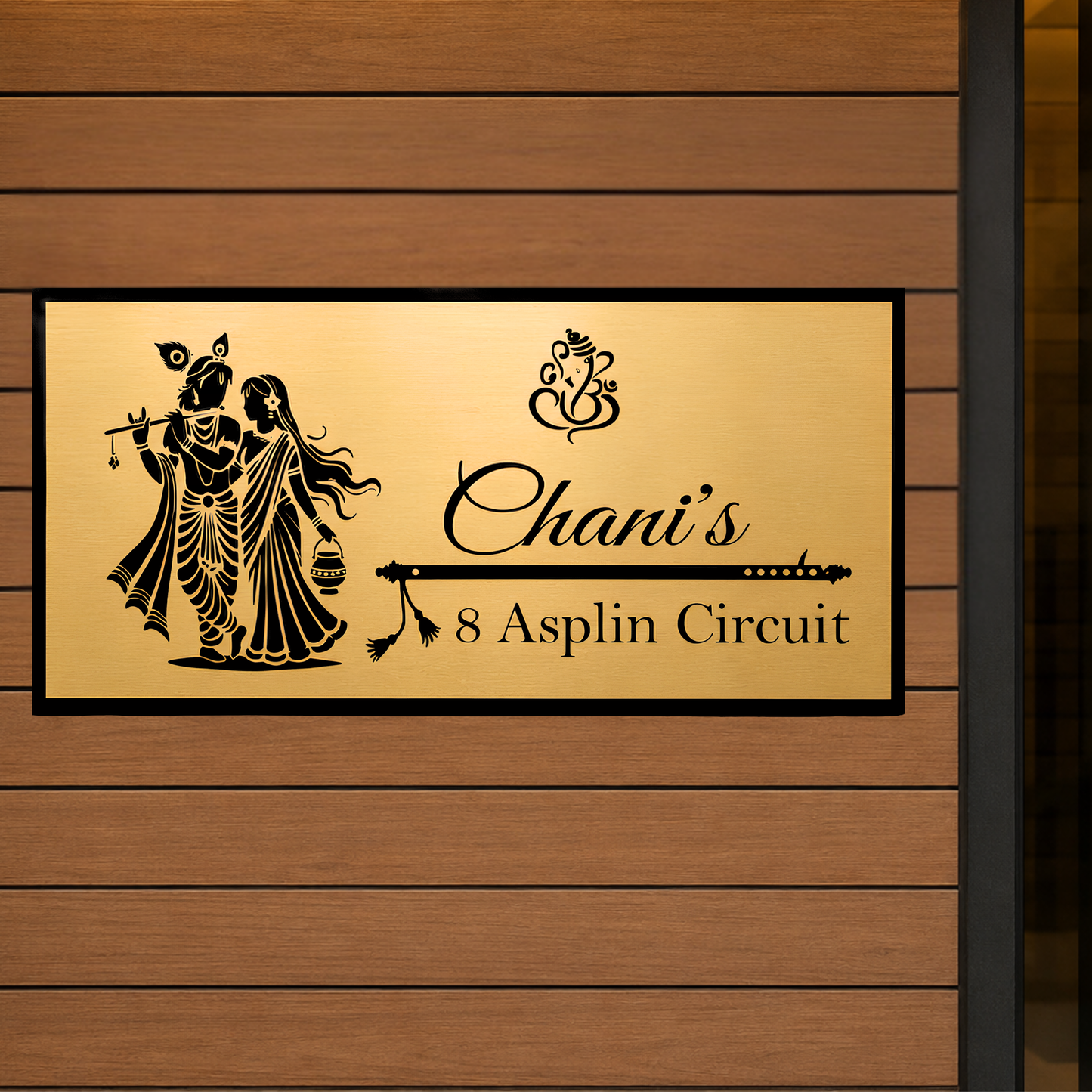 Personalised Radha Krishna House Name Plate | Premium Gold Engraved Family Name Sign | Custom Hindu Home Entrance Plaque