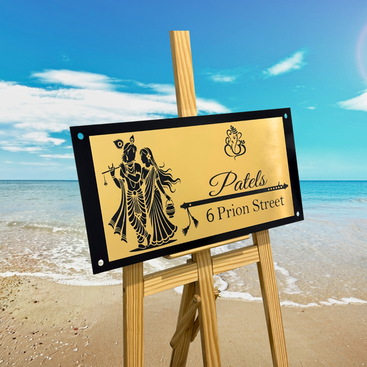 Radha Krishna House Name Sign Premium Engraved In Black Gold Plate