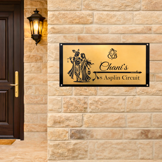 Radha Krishna House Name Sign Premium Engraved In Black Gold Plate