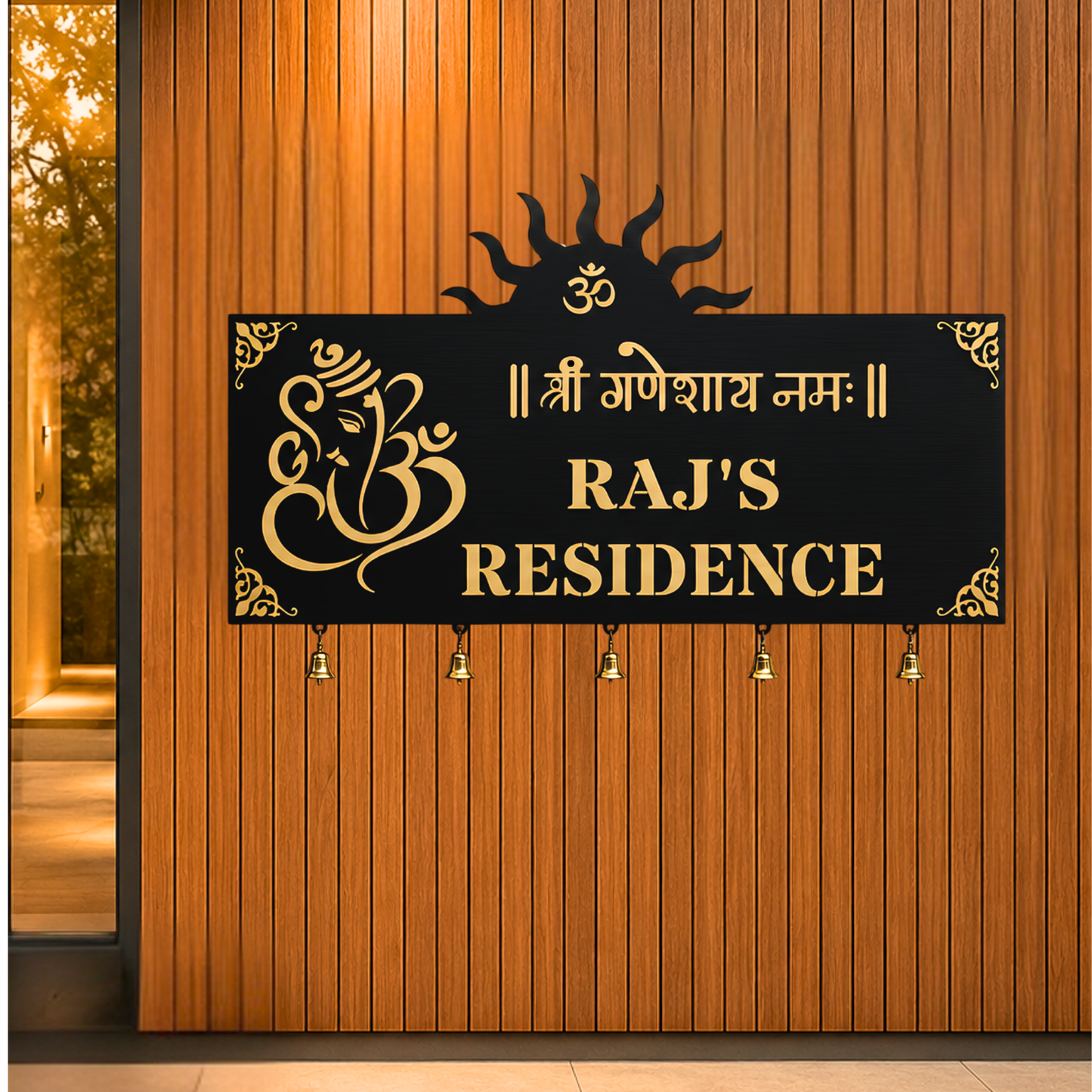 Shree Ganeshay Namah Hanging Bells Custom House Name Plate | Om House Sign