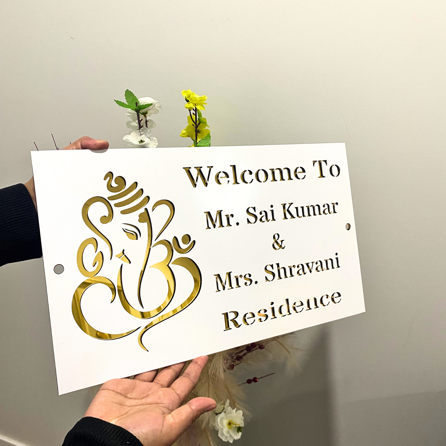 Gold White Welcome Ganesha House Name Sign