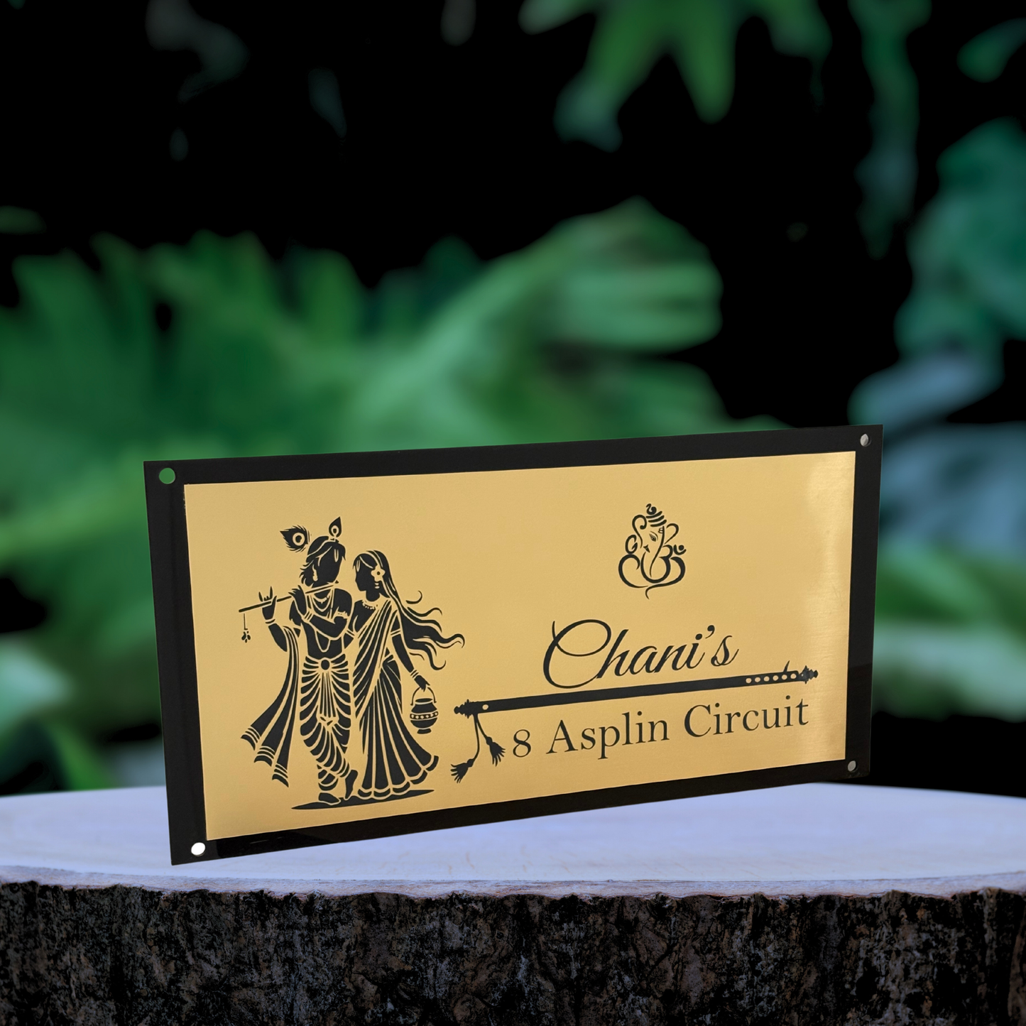 Radha Krishna House Name Sign Premium Engraved In Black Gold Plate