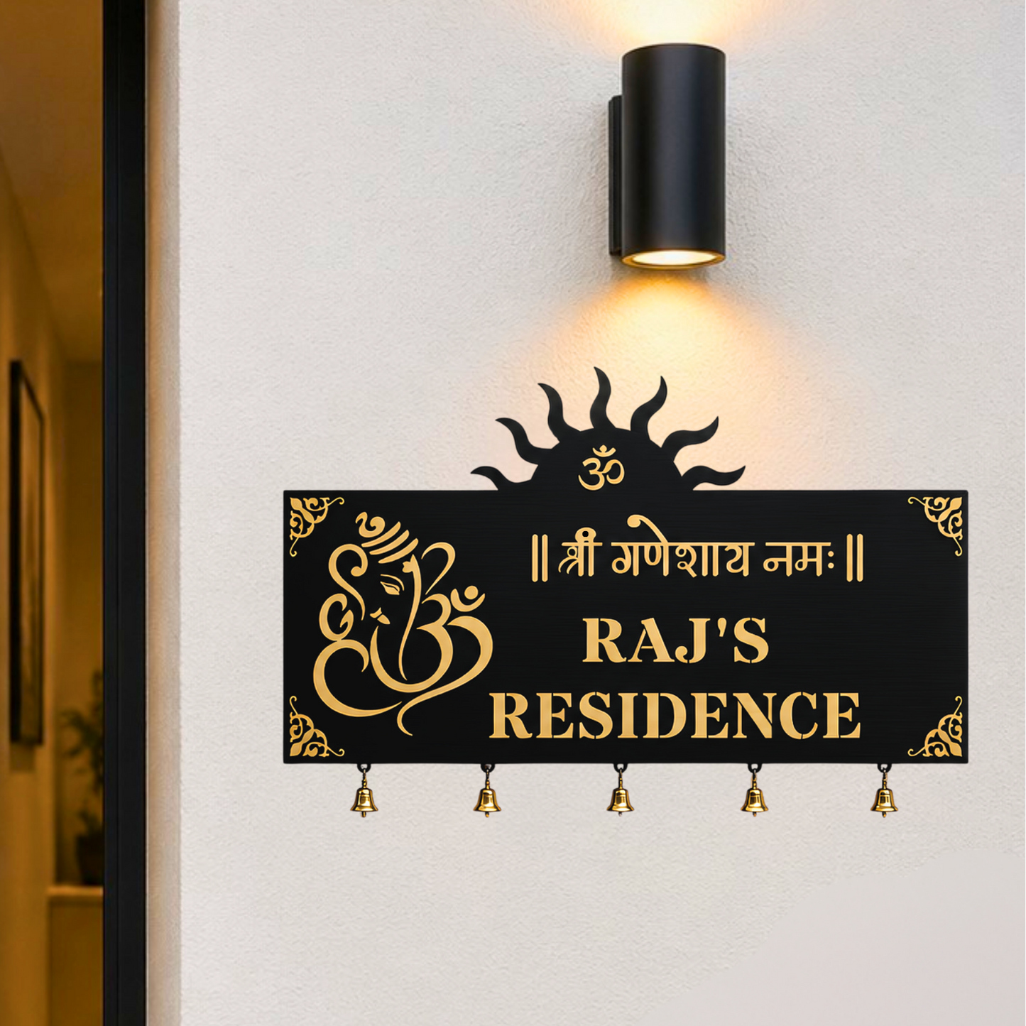 Shree Ganeshay Namah Hanging Bells Custom House Name Plate | Om House Sign