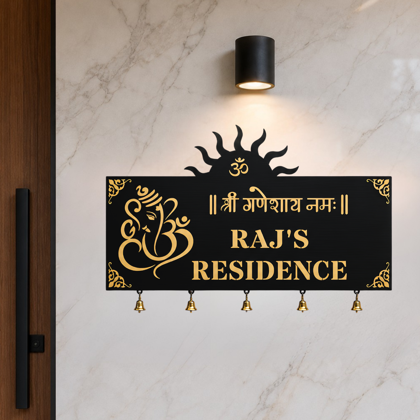 Shree Ganeshay Namah Hanging Bells Custom House Name Plate | Om House Sign