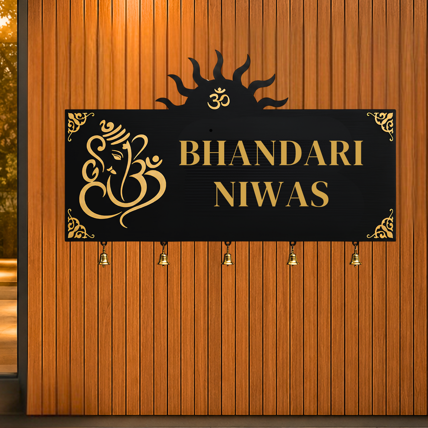 Personalised Ganesha House Name Sign with Bells | Custom Hindu Entrance Plaque | Luxury Home Decor | Modern Address Sign