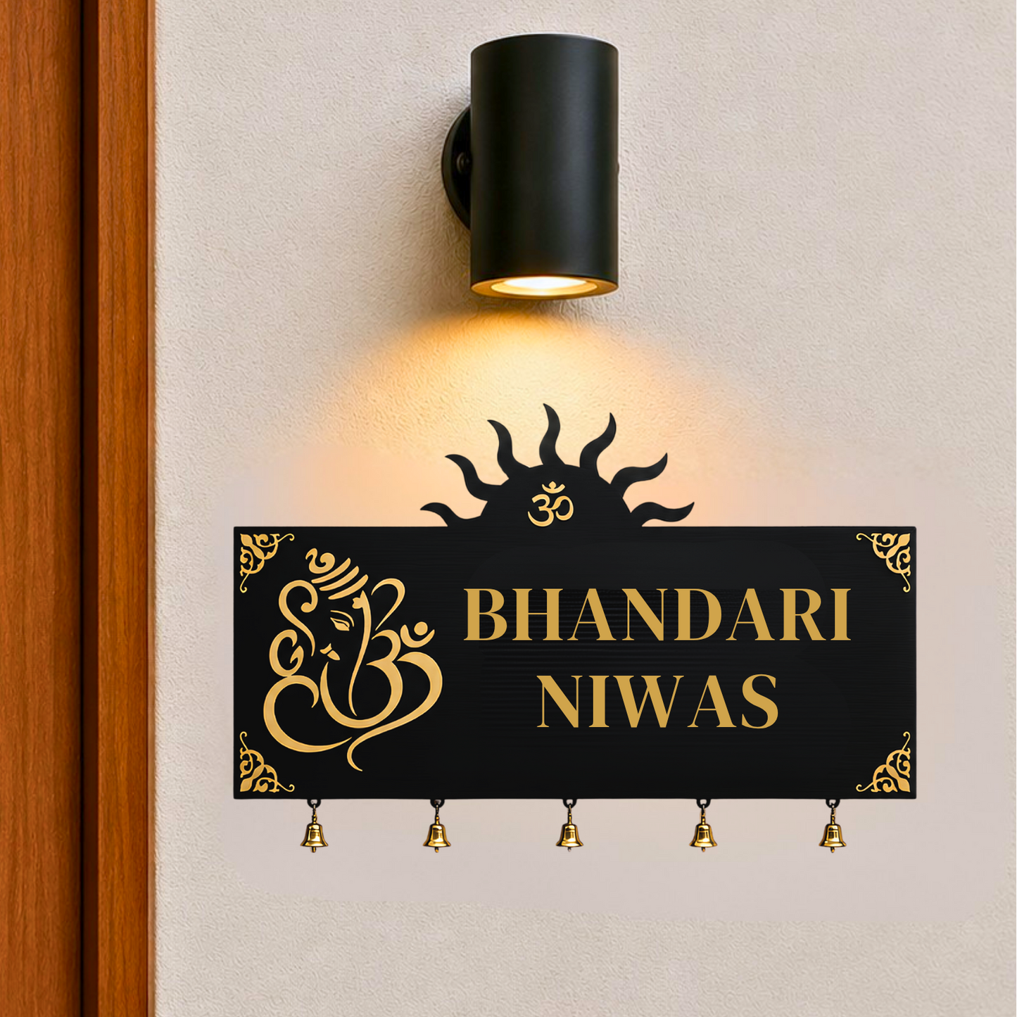 Personalised Ganesha House Name Sign with Bells | Custom Hindu Entrance Plaque | Luxury Home Decor | Modern Address Sign