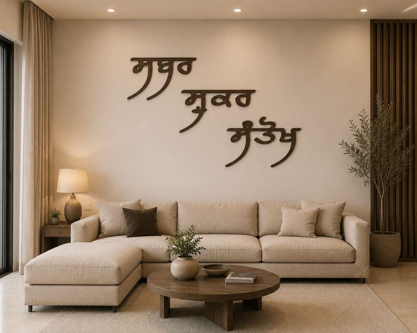 Sabar Shukar Santokh Punjabi Wall Decor | Large Wooden Gurmukhi Wall Art | Sikh Home Decor | Punjabi Quote Wall Sign | Patience Gratitude Contentment