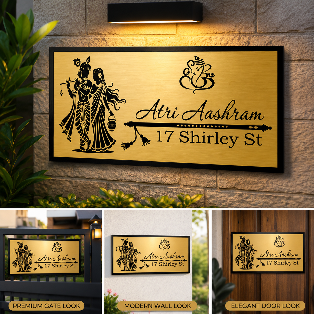 Personalised Radha Krishna House Name Plate | Premium Gold Engraved Family Name Sign | Custom Hindu Home Entrance Plaque