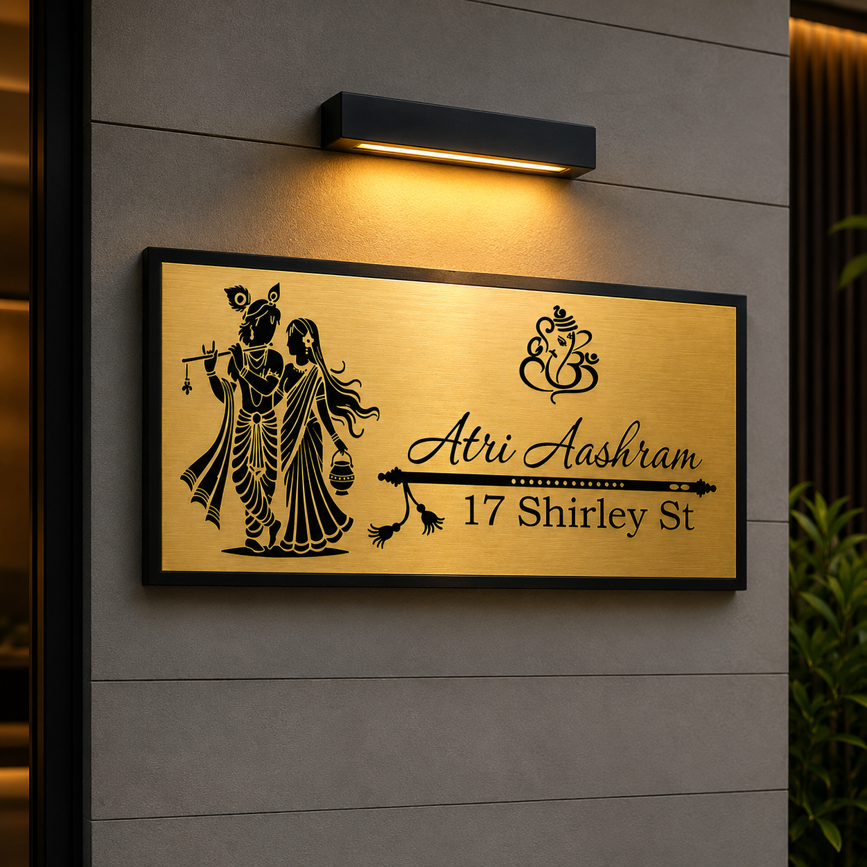 Personalised Radha Krishna House Name Plate | Premium Gold Engraved Family Name Sign | Custom Hindu Home Entrance Plaque