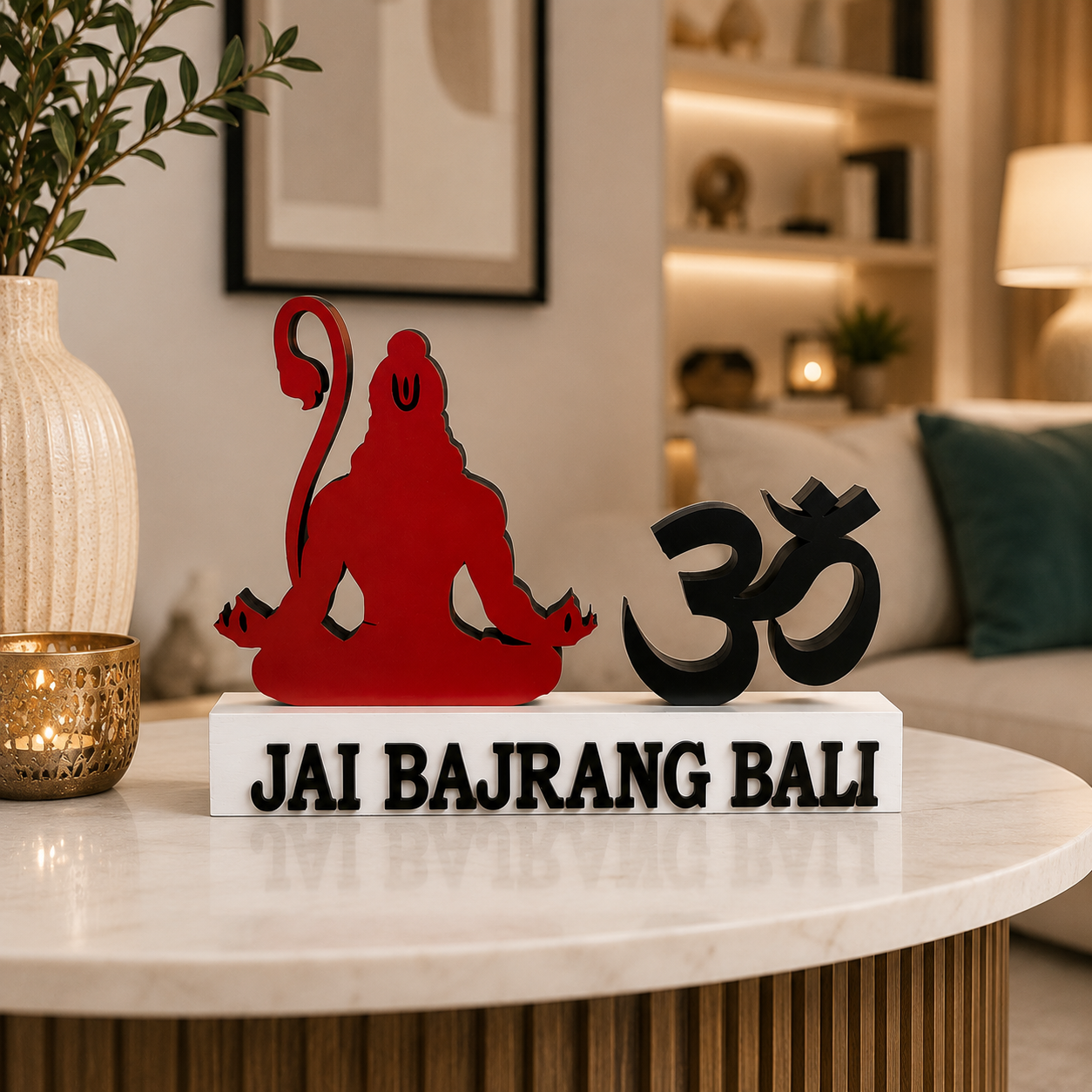 Custom Hanuman Ji Om Table Decor | Jai Bajrang Bali Mandir Wooden Stand | Om Table Decor
