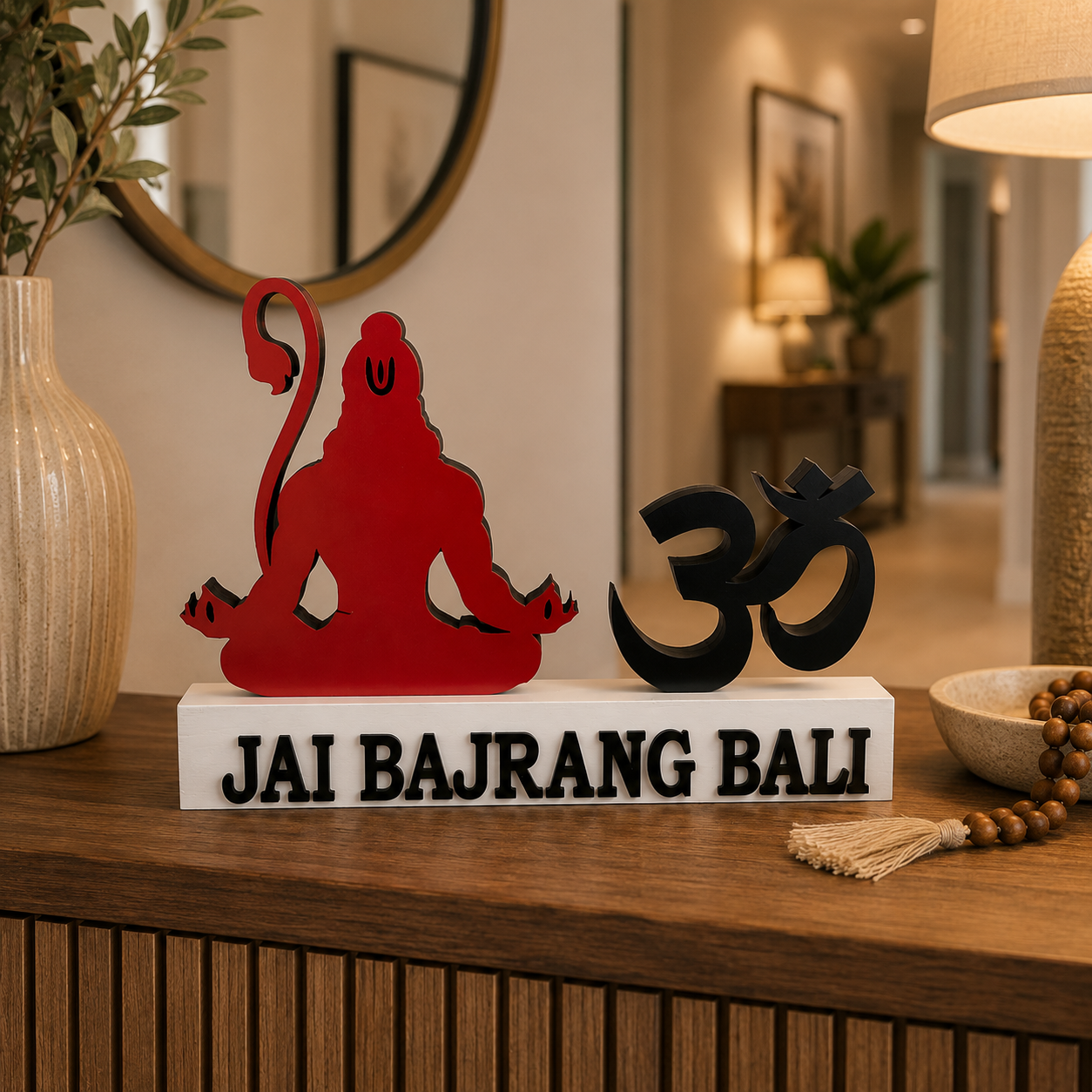 Custom Hanuman Ji Om Table Decor | Jai Bajrang Bali Mandir Wooden Stand | Om Table Decor