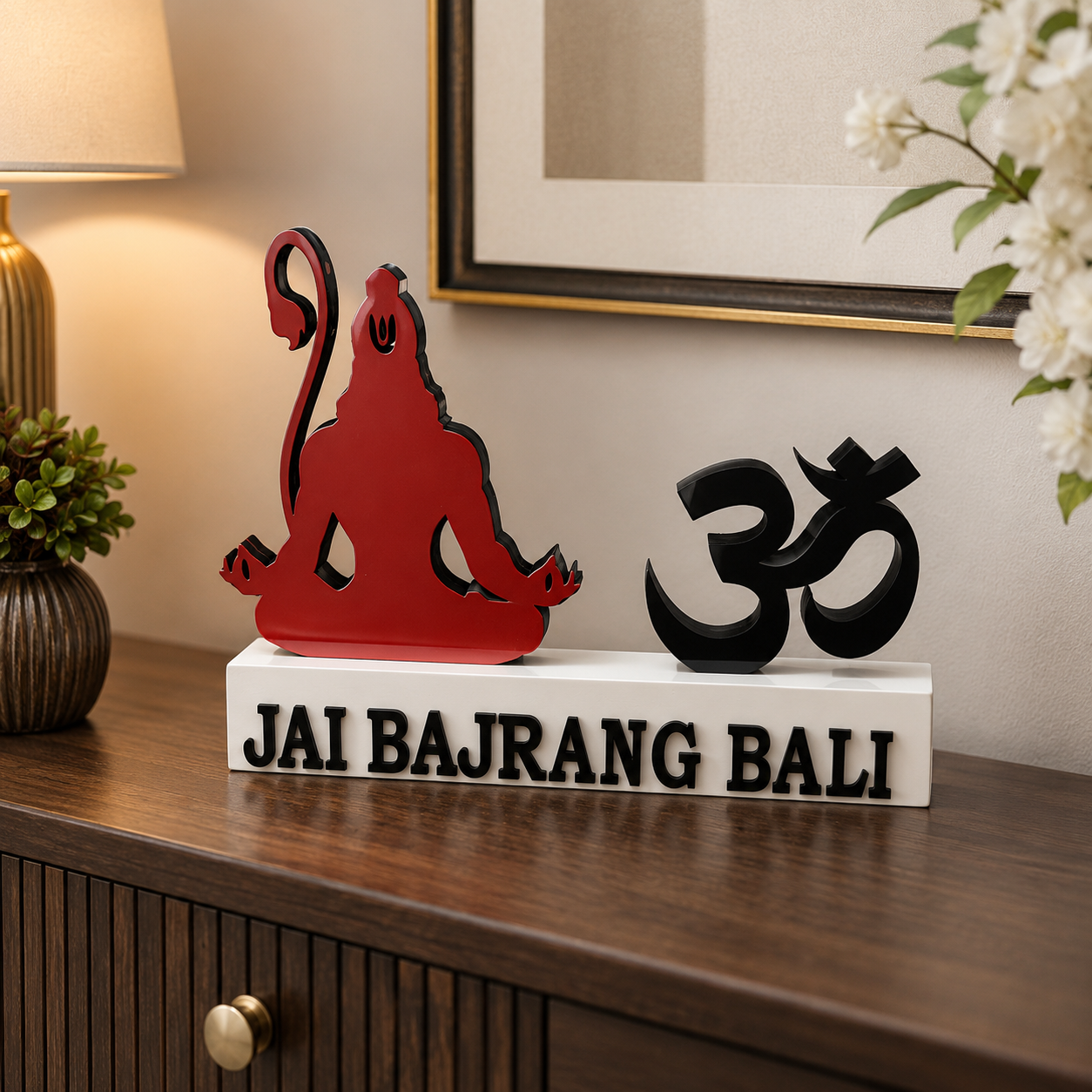 Custom Hanuman Ji Om Table Decor | Jai Bajrang Bali Mandir Wooden Stand | Om Table Decor