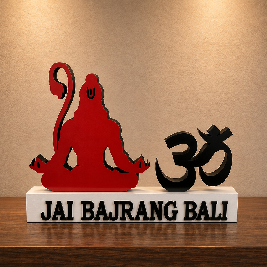 Custom Hanuman Ji Om Table Decor | Jai Bajrang Bali Mandir Wooden Stand | Om Table Decor