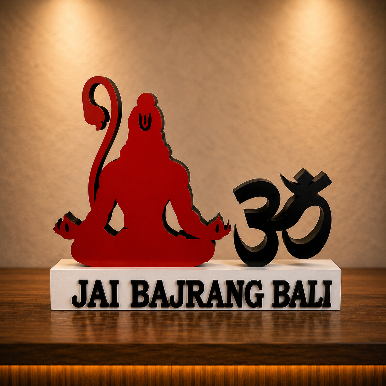 Custom Hanuman Ji Om Table Decor | Jai Bajrang Bali Mandir Wooden Stand | Om Table Decor