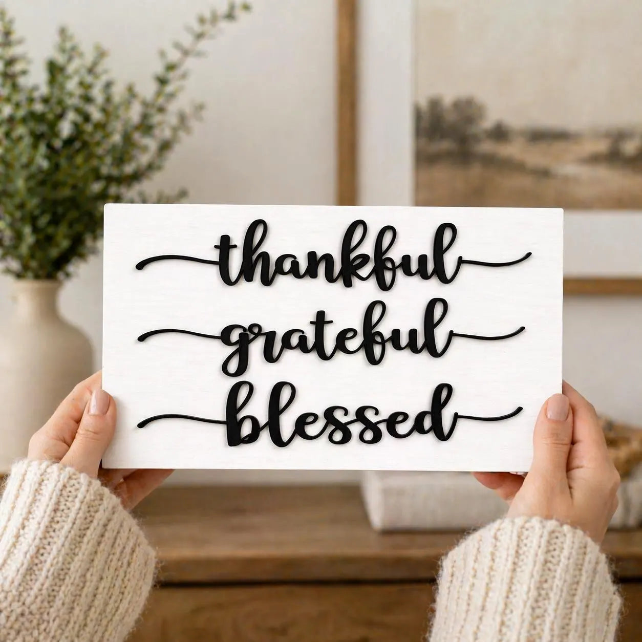 Thankful, Grateful, Blessed Wooden Sign - Heartfelt Home Décor